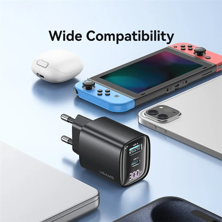 USAMS CC229 30W GaN Adapter USB-C+USB-C Dual Port Charger Block Real-Time Digital Display, EU Plug