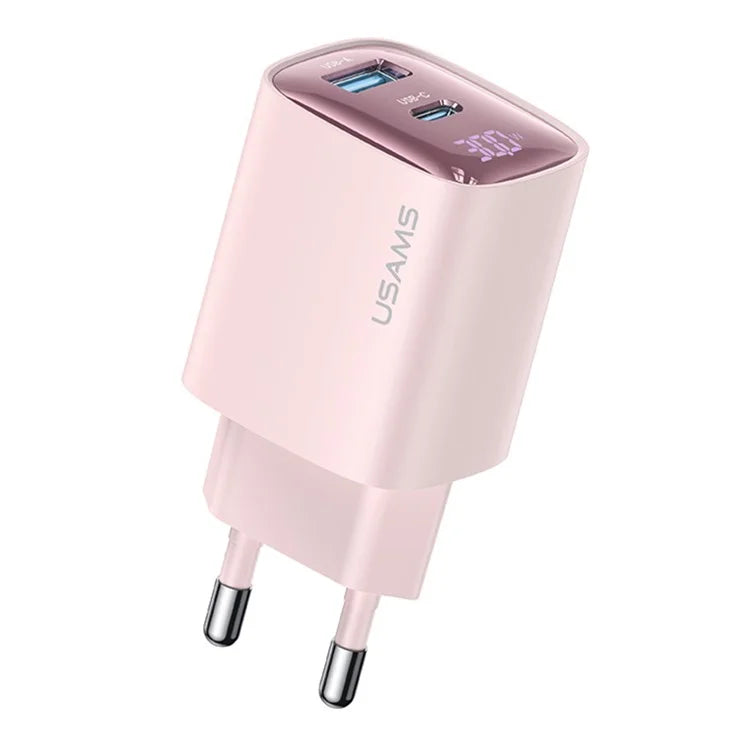 USAMS CC229 30W GaN Adapter USB-C+USB-C Dual Port Charger Block Real-Time Digital Display, EU Plug