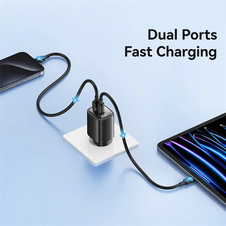 USAMS CC229 30W GaN Adapter USB-C+USB-C Dual Port Charger Block Real-Time Digital Display, EU Plug