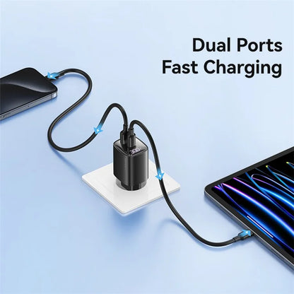 USAMS CC229 30W GaN Adapter USB-C+USB-C Dual Port Charger Block Real-Time Digital Display, EU Plug