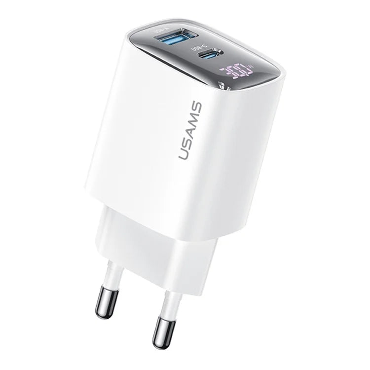 USAMS CC229 30W GaN Adapter USB-C+USB-C Dual Port Charger Block Real-Time Digital Display, EU Plug