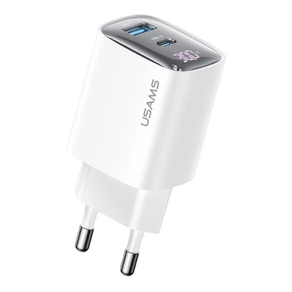 USAMS CC229 30W GaN Adapter USB-C+USB-C Dual Port Charger Block Real-Time Digital Display, EU Plug