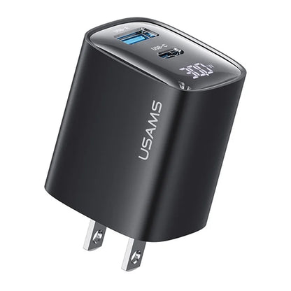 USAMS CC230 30W Fast Charging GaN Adapter USB-C+USB-C Dual Port Wall Charger Power Display, US Plug