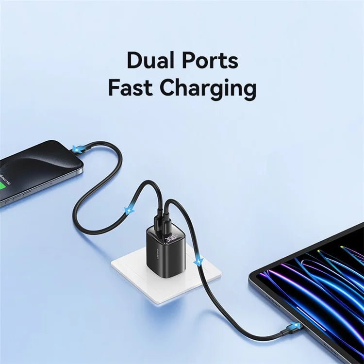 USAMS CC230 30W Fast Charging GaN Adapter USB-C+USB-C Dual Port Wall Charger Power Display, US Plug