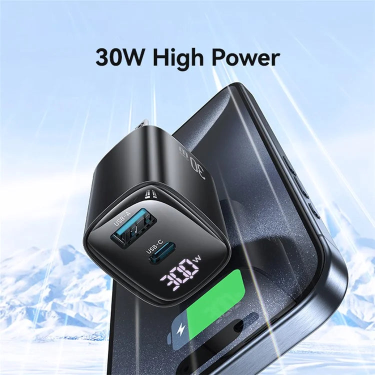 USAMS CC230 30W Fast Charging GaN Adapter USB-C+USB-C Dual Port Wall Charger Power Display, US Plug