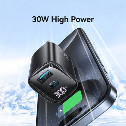 USAMS CC230 30W Fast Charging GaN Adapter USB-C+USB-C Dual Port Wall Charger Power Display, US Plug