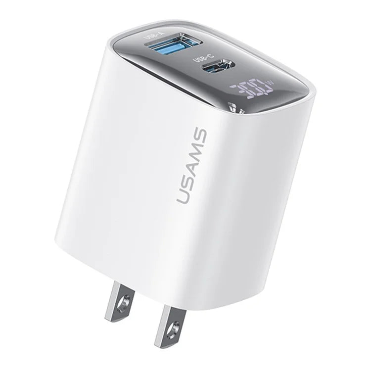 USAMS CC230 30W Fast Charging GaN Adapter USB-C+USB-C Dual Port Wall Charger Power Display, US Plug