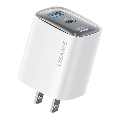 USAMS CC230 30W Fast Charging GaN Adapter USB-C+USB-C Dual Port Wall Charger Power Display, US Plug