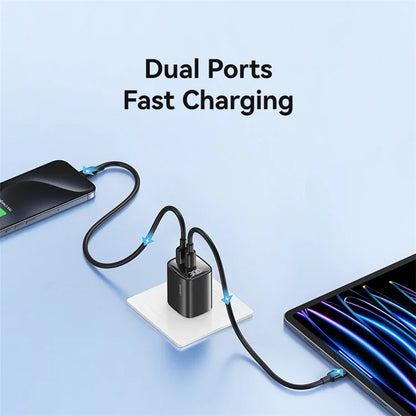 USAMS CC230 30W Fast Charging GaN Adapter USB-C+USB-C Dual Port Wall Charger Power Display, US Plug