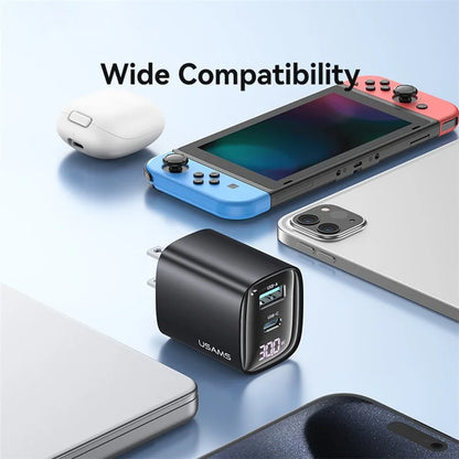 USAMS CC230 30W Fast Charging GaN Adapter USB-C+USB-C Dual Port Wall Charger Power Display, US Plug