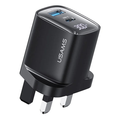 USAMS CC231 30W GaN Adapter Dual Port Fast Wall Charger Power Display, UK Plug