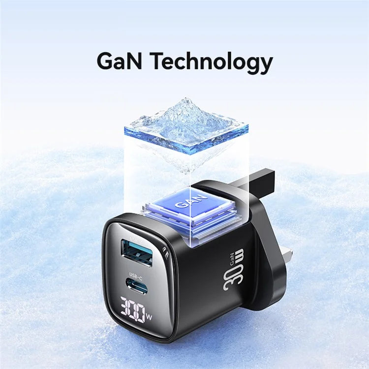 USAMS CC231 30W GaN Adapter Dual Port Fast Wall Charger Power Display, UK Plug