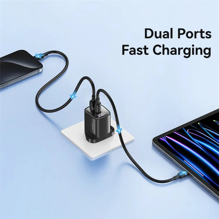 USAMS CC231 30W GaN Adapter Dual Port Fast Wall Charger Power Display, UK Plug
