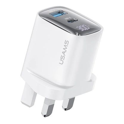 USAMS CC231 30W GaN Adapter Dual Port Fast Wall Charger Power Display, UK Plug