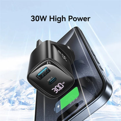 USAMS CC231 30W GaN Adapter Dual Port Fast Wall Charger Power Display, UK Plug
