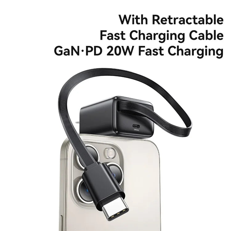 USAMS CC235 GaN Charger 20W Fast Wall Power Adapter with Retractable Cable, US Plug