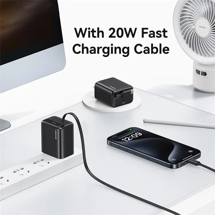 USAMS CC235 GaN Charger 20W Fast Wall Power Adapter with Retractable Cable, US Plug