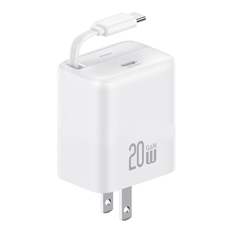 USAMS CC235 GaN Charger 20W Fast Wall Power Adapter with Retractable Cable, US Plug