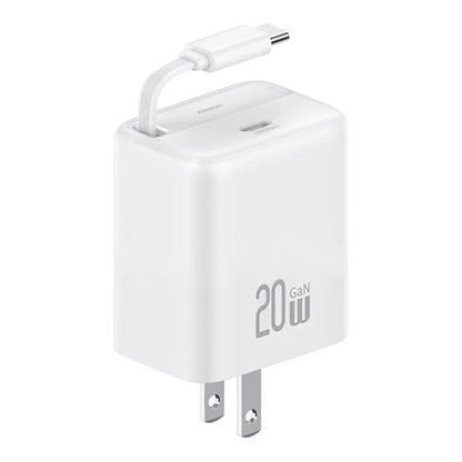 USAMS CC235 GaN Charger 20W Fast Wall Power Adapter with Retractable Cable, US Plug