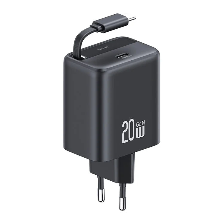 USAMS CC233 20W GaN Charger PD3.0+QC3.0 Fast Charging Adapter with Retractable Type-C Cable, EU Plug
