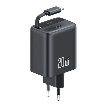 USAMS CC233 20W GaN Charger PD3.0+QC3.0 Fast Charging Adapter with Retractable Type-C Cable, EU Plug