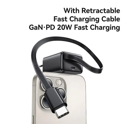 USAMS CC233 20W GaN Charger PD3.0+QC3.0 Fast Charging Adapter with Retractable Type-C Cable, EU Plug