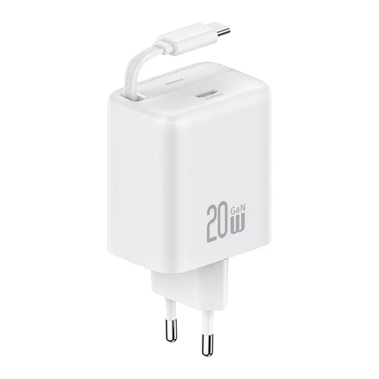 USAMS CC233 20W GaN Charger PD3.0+QC3.0 Fast Charging Adapter with Retractable Type-C Cable, EU Plug