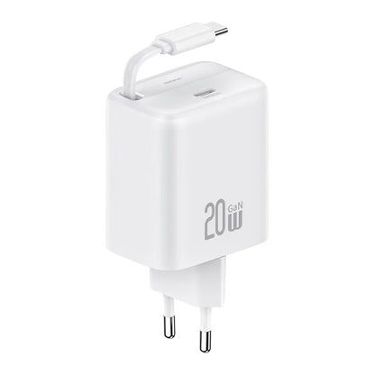 USAMS CC233 20W GaN Charger PD3.0+QC3.0 Fast Charging Adapter with Retractable Type-C Cable, EU Plug