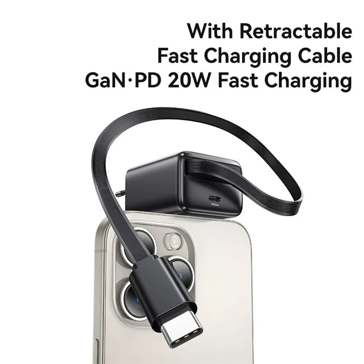 USAMS CC233 20W GaN Charger PD3.0+QC3.0 Fast Charging Adapter with Retractable Type-C Cable, EU Plug