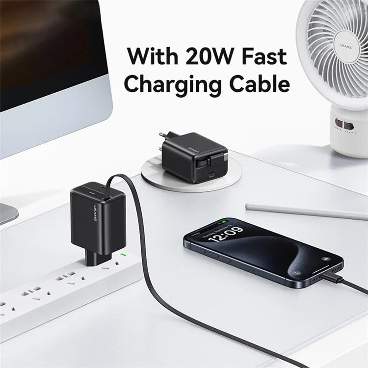 USAMS CC233 20W GaN Charger PD3.0+QC3.0 Fast Charging Adapter with Retractable Type-C Cable, EU Plug