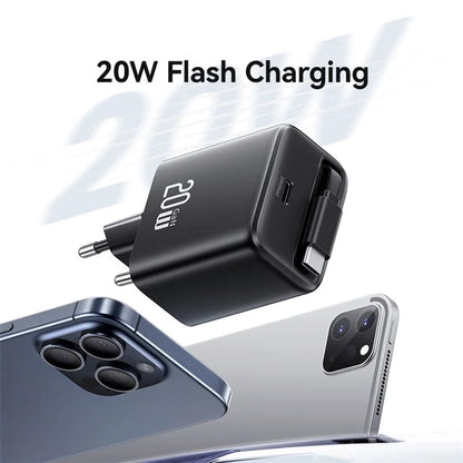 USAMS CC233 20W GaN Charger PD3.0+QC3.0 Fast Charging Adapter with Retractable Type-C Cable, EU Plug