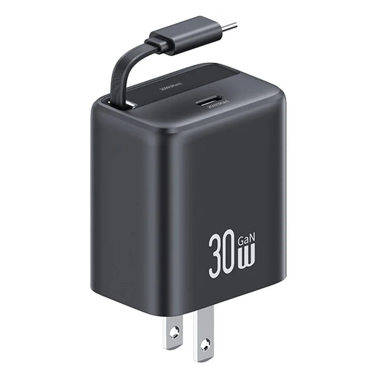 USAMS CC243 30W GaN Power Adapter PD3.0+QC3.0 Fast Charger with Retractable Type-C Cable, US Plug