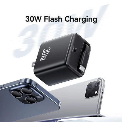 USAMS CC243 30W GaN Power Adapter PD3.0+QC3.0 Fast Charger with Retractable Type-C Cable, US Plug