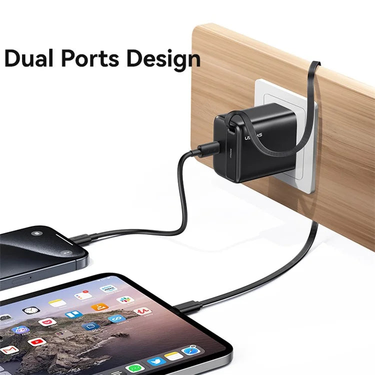 USAMS CC243 30W GaN Power Adapter PD3.0+QC3.0 Fast Charger with Retractable Type-C Cable, US Plug