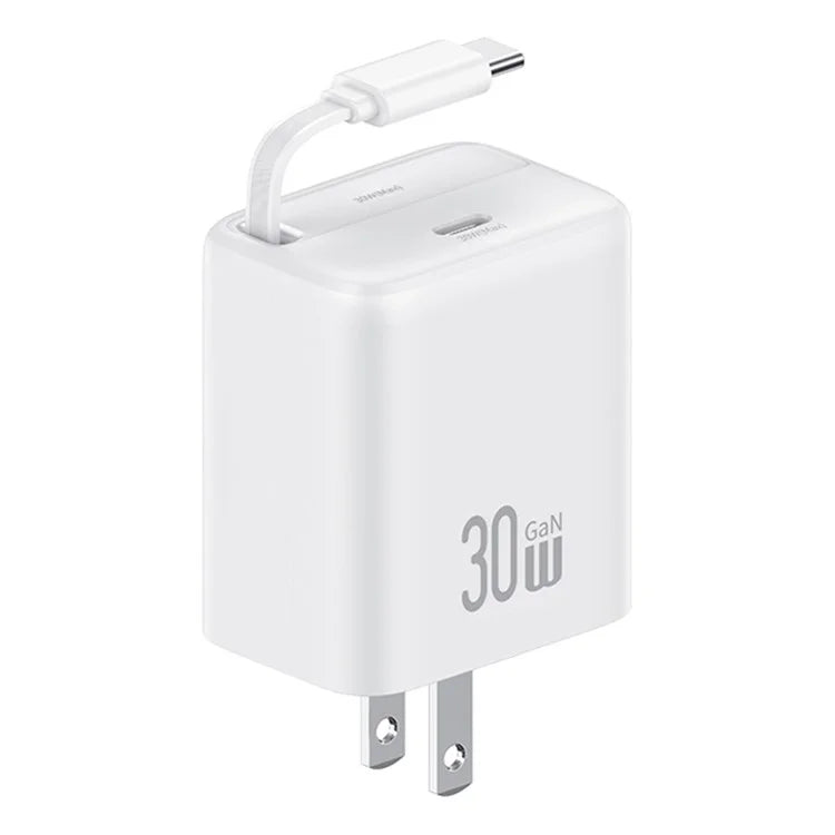 USAMS CC243 30W GaN Power Adapter PD3.0+QC3.0 Fast Charger with Retractable Type-C Cable, US Plug
