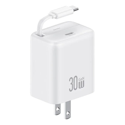 USAMS CC243 30W GaN Power Adapter PD3.0+QC3.0 Fast Charger with Retractable Type-C Cable, US Plug
