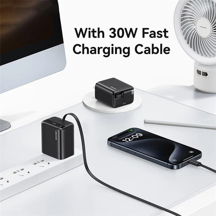 USAMS CC243 30W GaN Power Adapter PD3.0+QC3.0 Fast Charger with Retractable Type-C Cable, US Plug