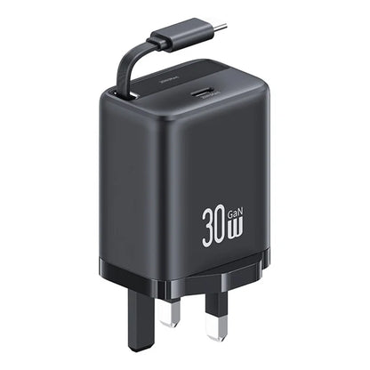 USAMS CC245 30W Fast Wall Charger GaN Power Adapter with Retractable Type-C Cable, UK Plug