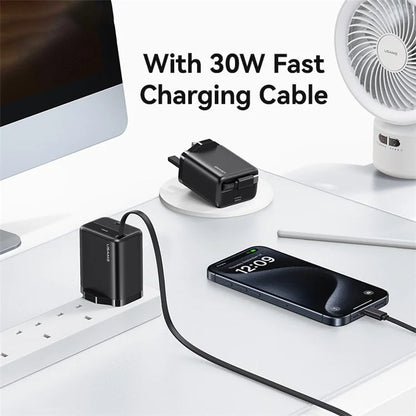 USAMS CC245 30W Fast Wall Charger GaN Power Adapter with Retractable Type-C Cable, UK Plug