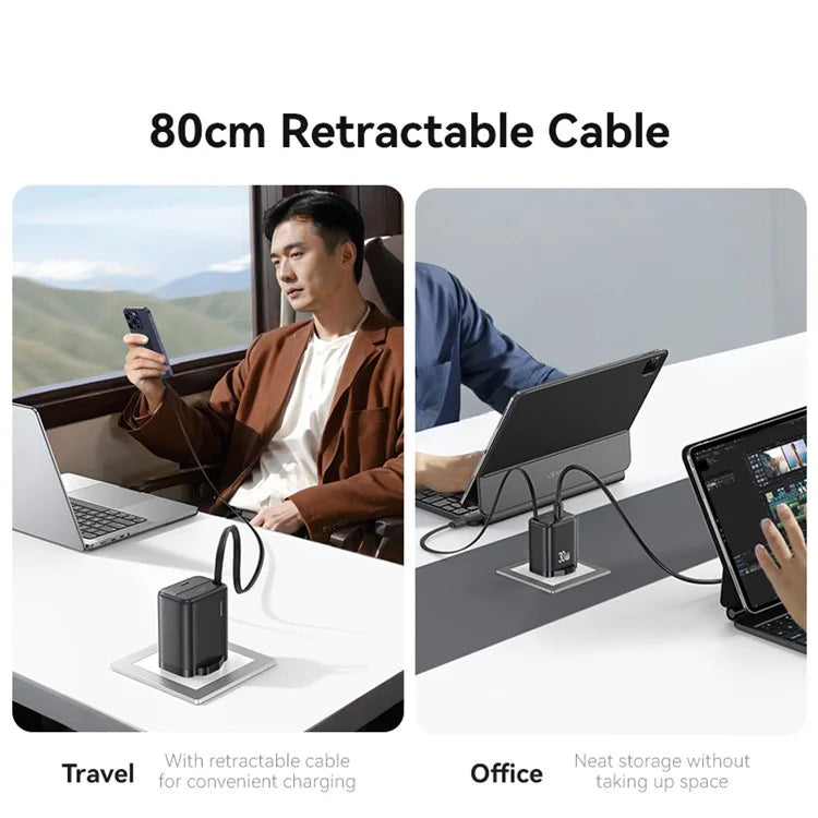USAMS CC245 30W Fast Wall Charger GaN Power Adapter with Retractable Type-C Cable, UK Plug