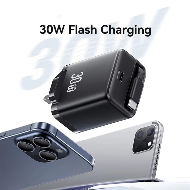 USAMS CC245 30W Fast Wall Charger GaN Power Adapter with Retractable Type-C Cable, UK Plug
