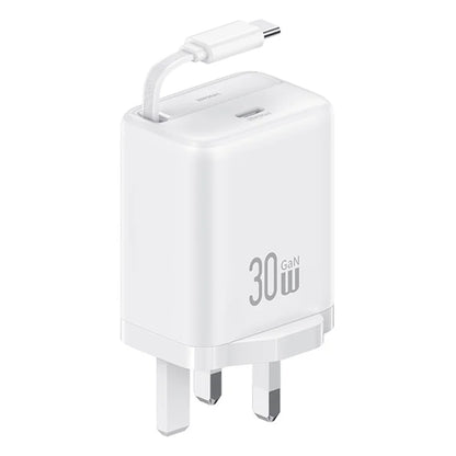 USAMS CC245 30W Fast Wall Charger GaN Power Adapter with Retractable Type-C Cable, UK Plug