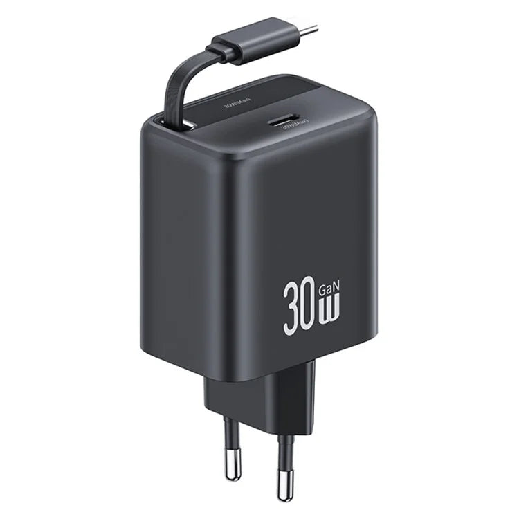 USAMS CC241 30W Type-C Charger GaN PD3.0+QC3.0 Power Adapter with Retractable Cable, EU Plug