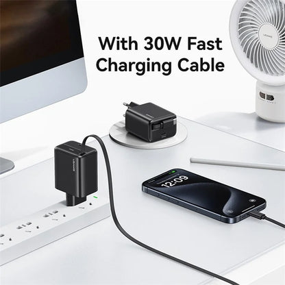 USAMS CC241 30W Type-C Charger GaN PD3.0+QC3.0 Power Adapter with Retractable Cable, EU Plug