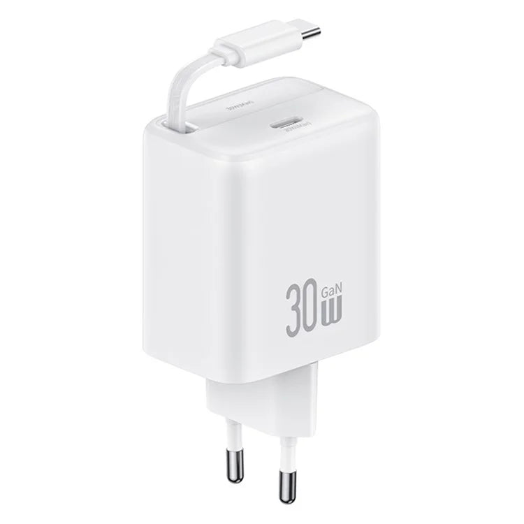 USAMS CC241 30W Type-C Charger GaN PD3.0+QC3.0 Power Adapter with Retractable Cable, EU Plug