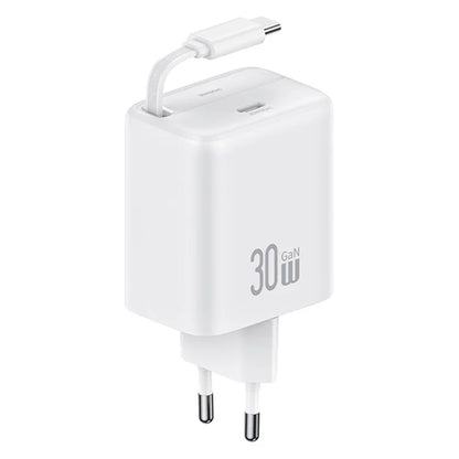 USAMS CC241 30W Type-C Charger GaN PD3.0+QC3.0 Power Adapter with Retractable Cable, EU Plug