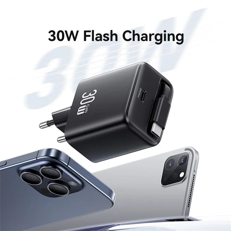USAMS CC241 30W Type-C Charger GaN PD3.0+QC3.0 Power Adapter with Retractable Cable, EU Plug