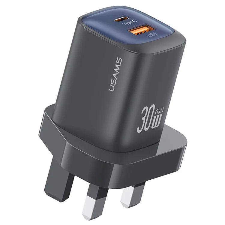 USAMS CC253 30W Dual Port GaN Charger Type-C + USB-A Fast Charging Adapter, UK Plug