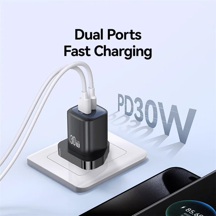 USAMS CC253 30W Dual Port GaN Charger Type-C + USB-A Fast Charging Adapter, UK Plug