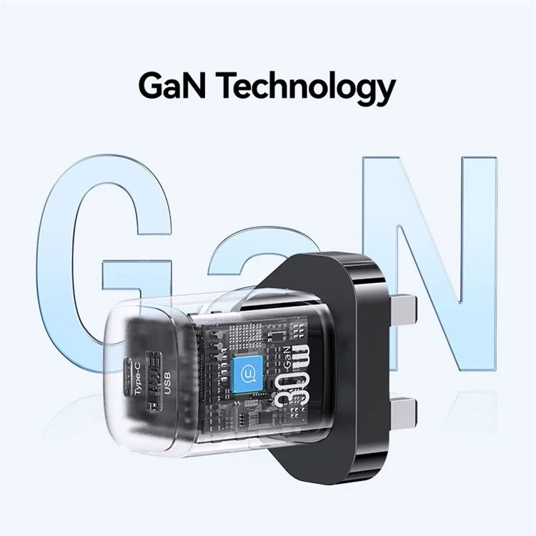 USAMS CC253 30W Dual Port GaN Charger Type-C + USB-A Fast Charging Adapter, UK Plug